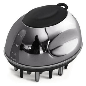 Hair massager with black top and silver body on a white background