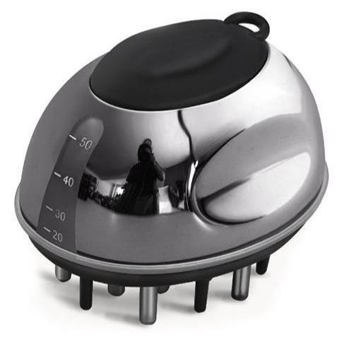 Hair massager with black top and silver body on a white background