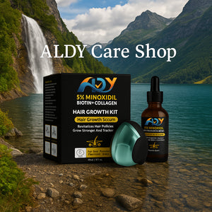 Hair growth kit with bottle and box against a scenic mountain and waterfall background